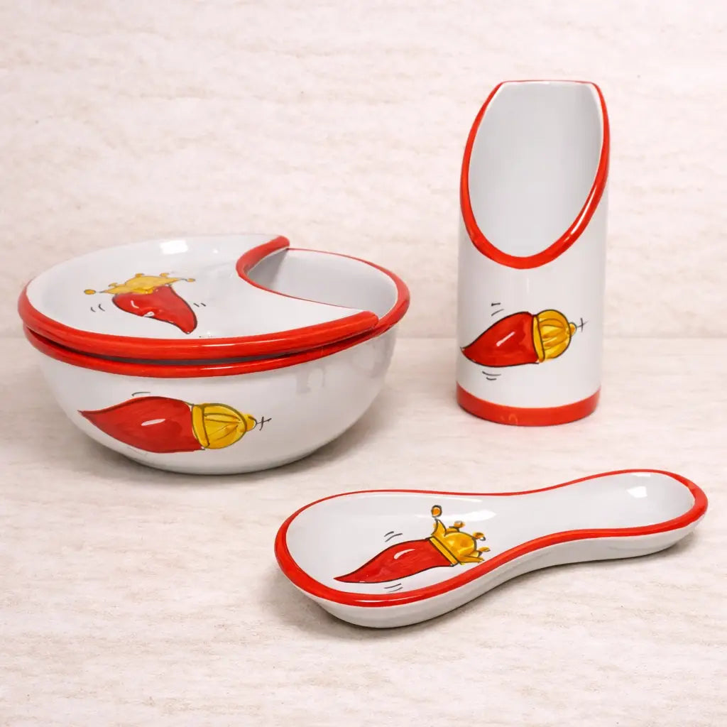 Set Cucina Scaramanzia 3 Pezzi - Ceramica di Vietri - Cornetto Rosso e Oro